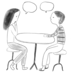 Piirros kahdesta henkilöstä, jotka keskustelevat pöydän ääressä.