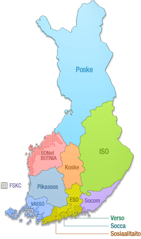 Sosiaalialan osaamiskeskusten toiminta-alueet Suomen kartalla.