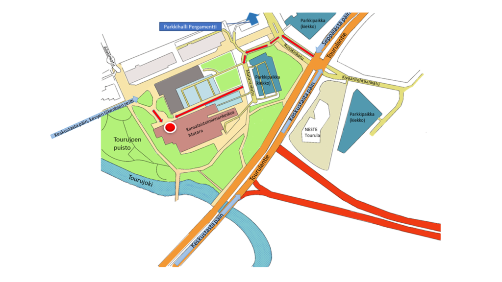 Kartta, johon on merkitty Kosken toimiston uusi sijainti (Matarankatu 6), saapumisohjeet sekä lähimmät parkkipaikat.